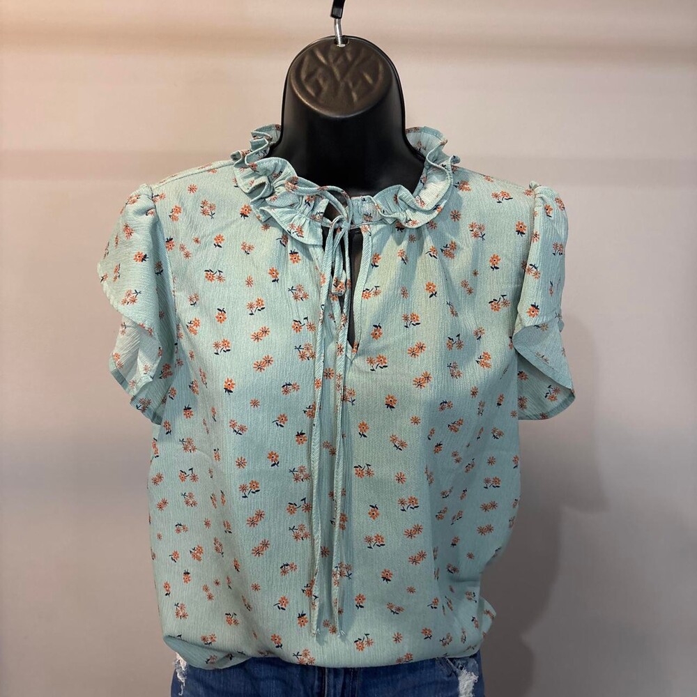 Boho Chic Flowy Tie Neck Short Sleeve Blouse Blue Floral Print Size Large